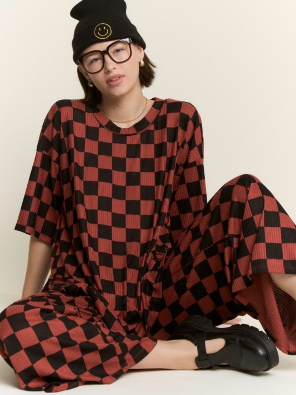 Rust Black Checkered Ribbed Two Piece Set Plus Size 1XL